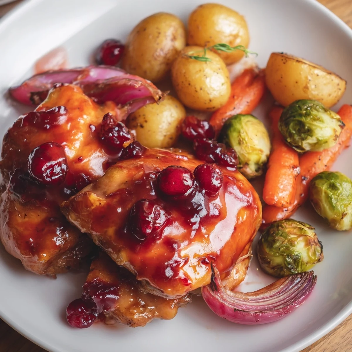 Finished honey cranberry chicken dinner with caramelized glaze spooned over moist meat and roasted seasonal veggies