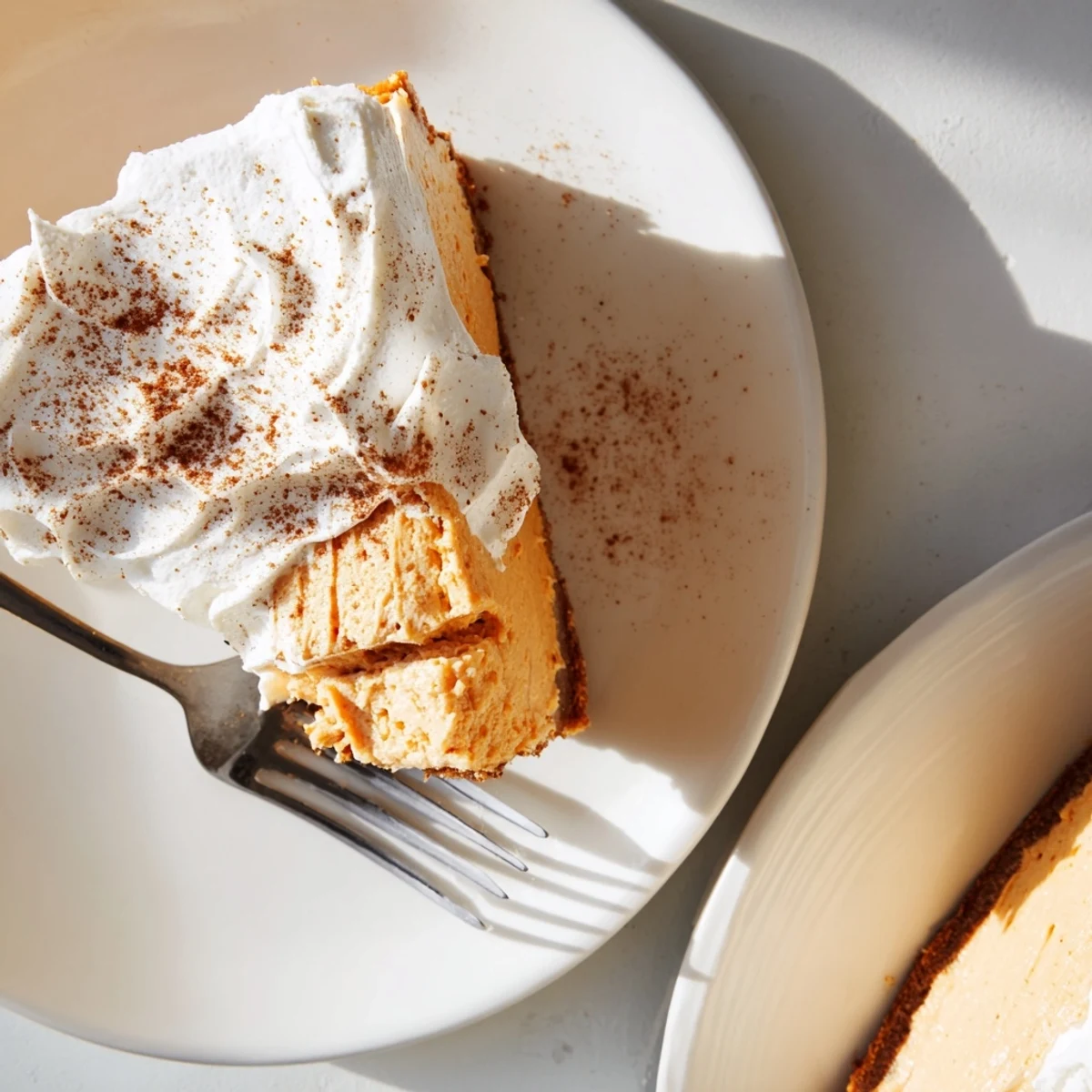 Creamy pumpkin spice Christmas cheesecake slice with whipped cream and cinnamon garnish on a white plate