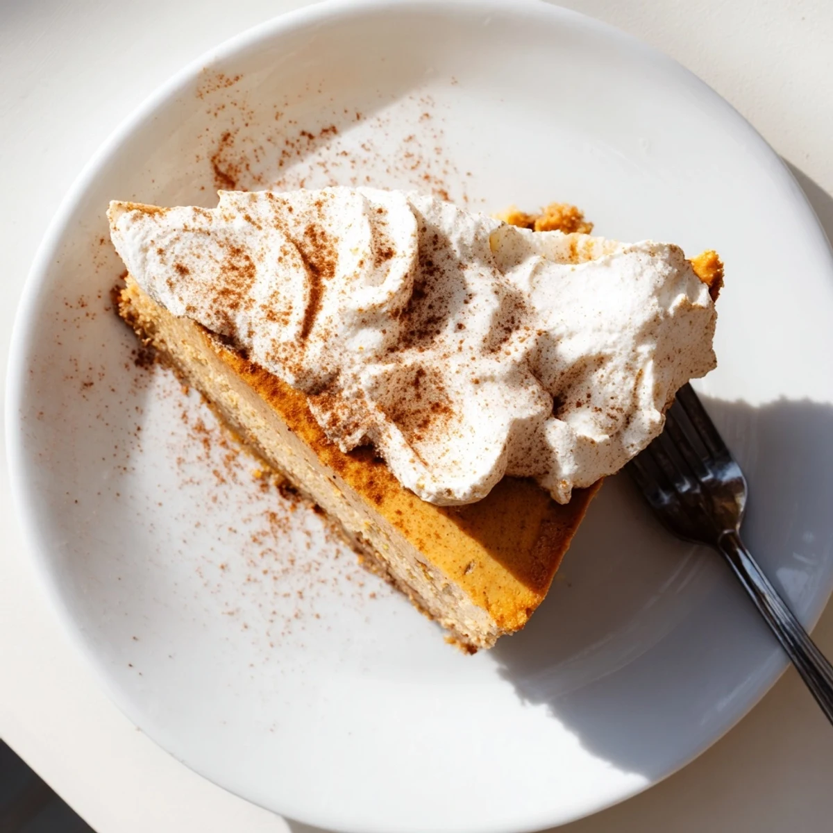 Festive pumpkin spice Christmas cheesecake showing smooth orange filling with spiced crust and white cream topping