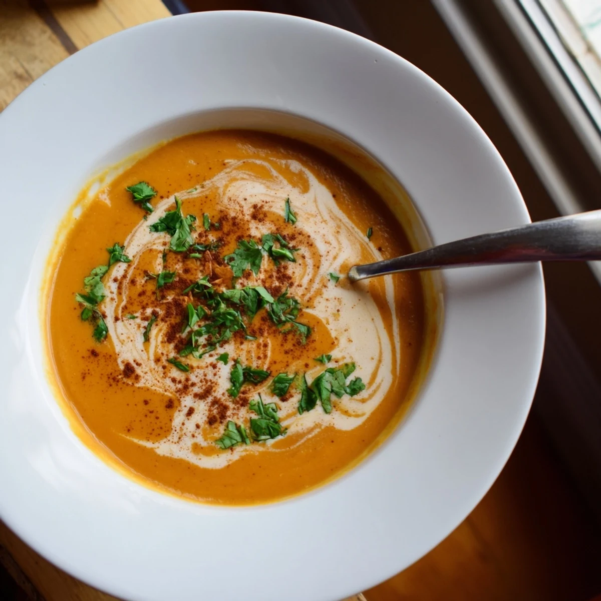 Steam rising from a bowl of spicy apple soup recipe featuring smooth pureed texture and vibrant autumn colors
