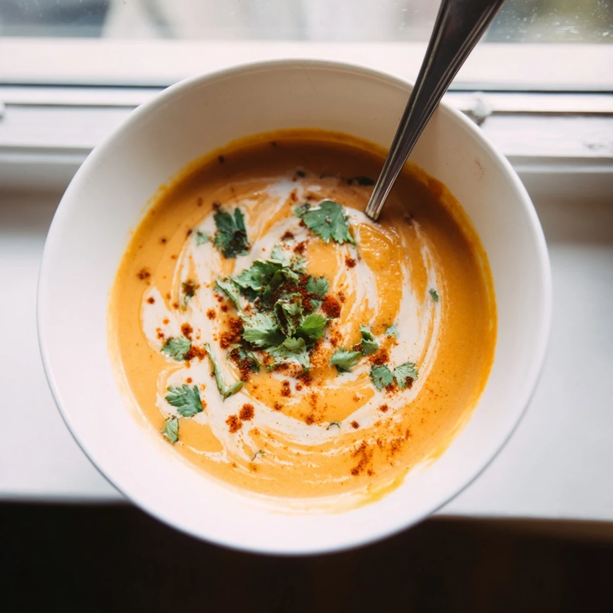 Creamy spicy apple soup recipe garnished with fresh herbs and coconut cream swirl in a white bowl