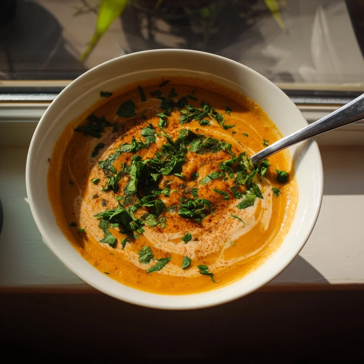 Close-up of spicy apple soup recipe topped with coconut cream and chopped coriander on a rustic wooden table