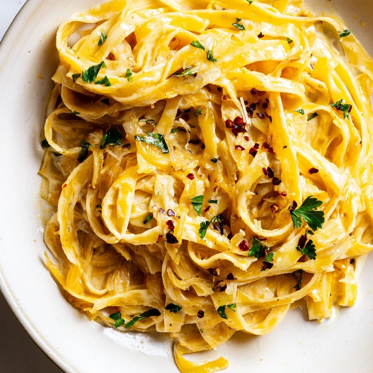 Sweet Heat Caramelized Onion Fettuccine in a creamy white bowl topped with melted Parmesan and red pepper flakes