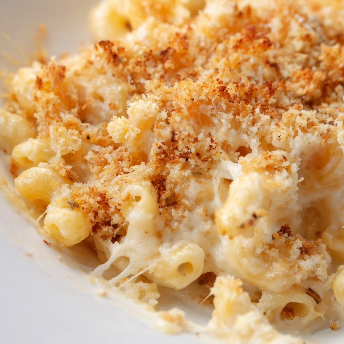 Creamy three cheese baked macaroni with golden crispy panko topping served in white casserole dish