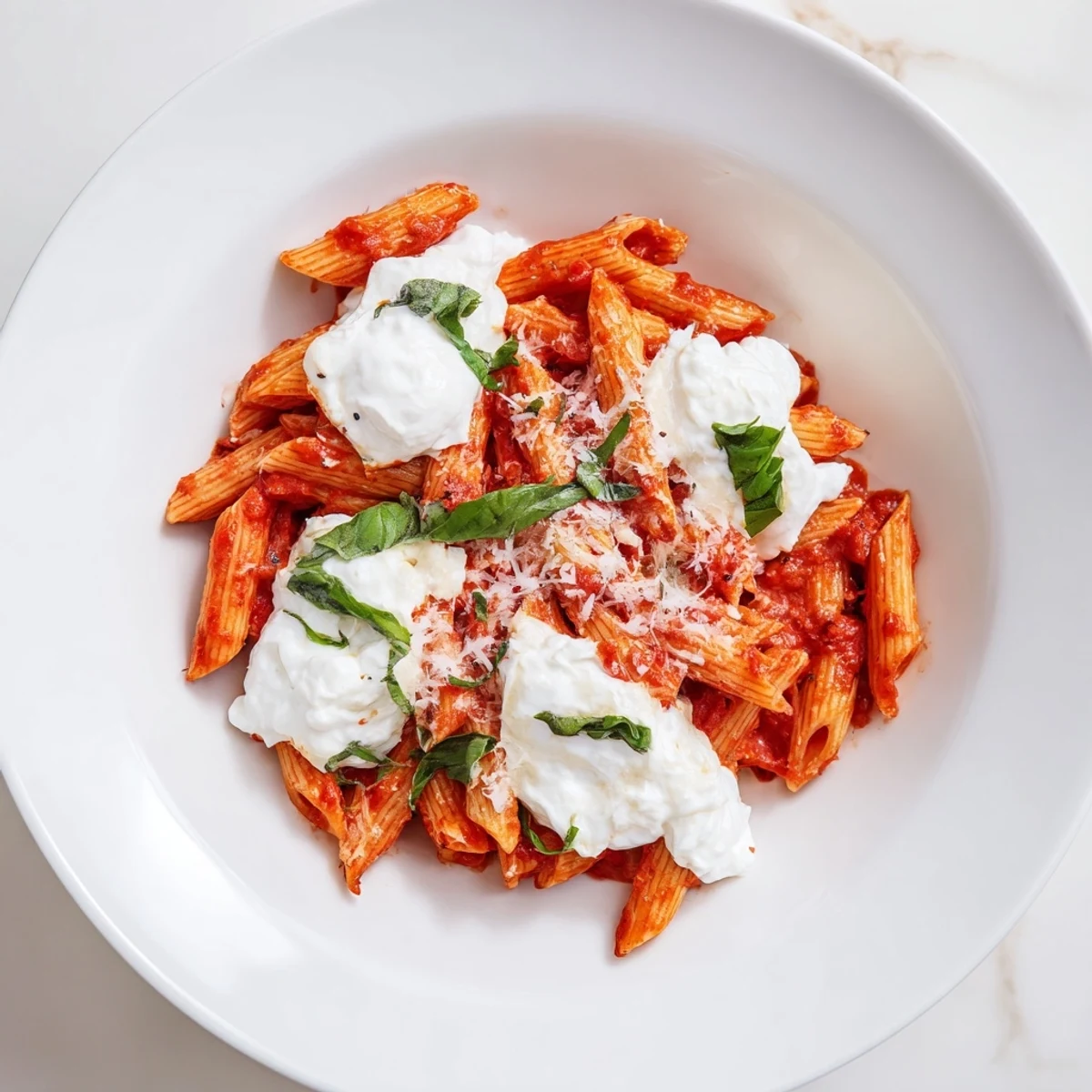 Creamy tomato garlic ricotta penne topped with fresh basil leaves and Parmesan cheese