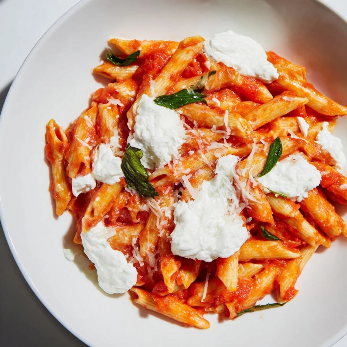 Tender penne pasta coated in vibrant tomato garlic sauce with creamy ricotta dollops