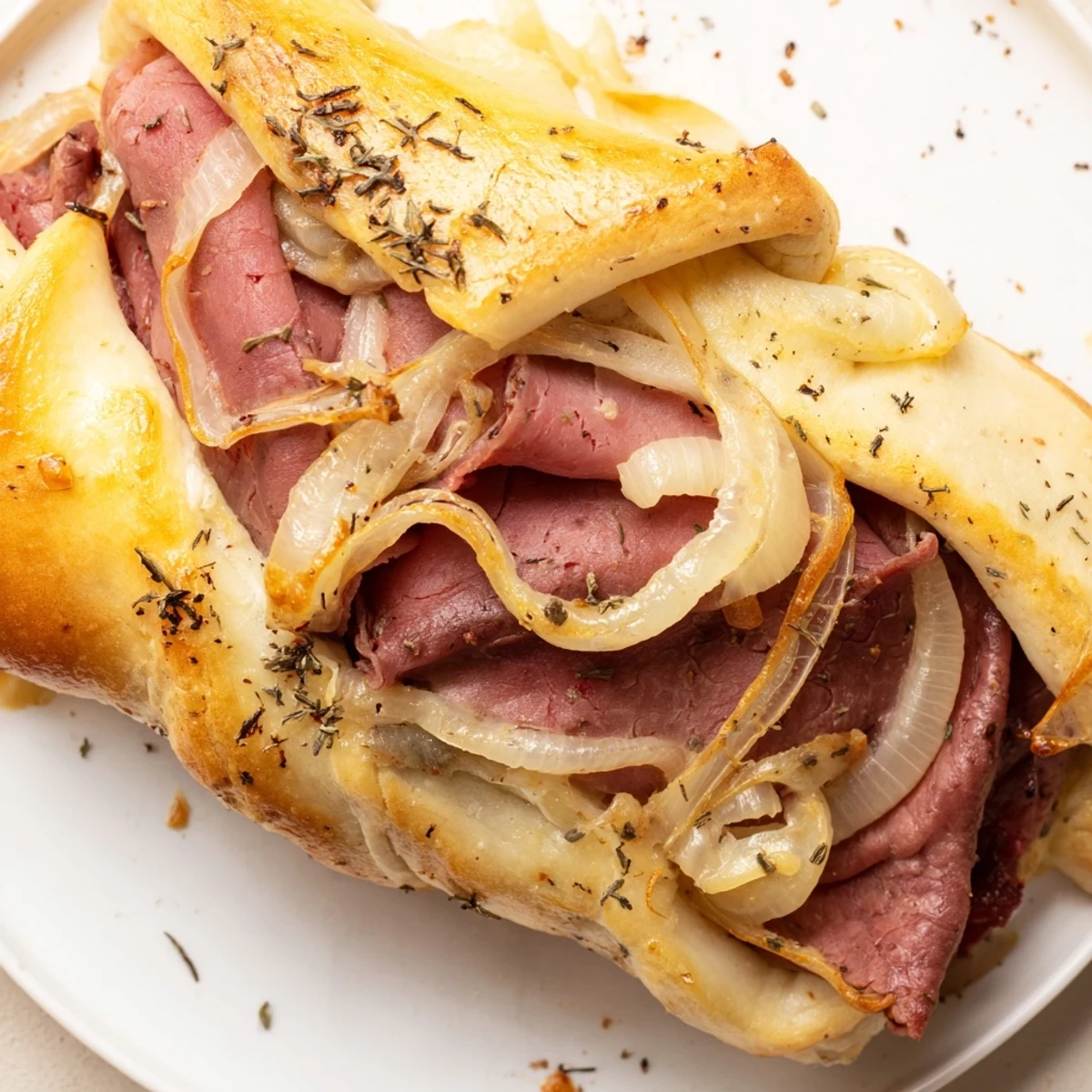 Golden beef and cheese French dip roll ups arranged on a rustic wooden board with dipping sauce