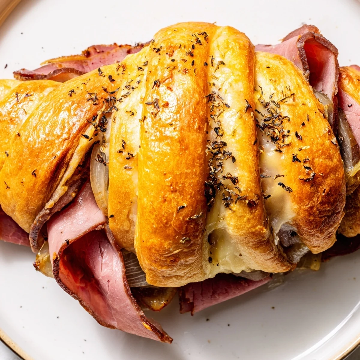 Crescent roll beef and cheese French dip roll ups served hot with savory au jus