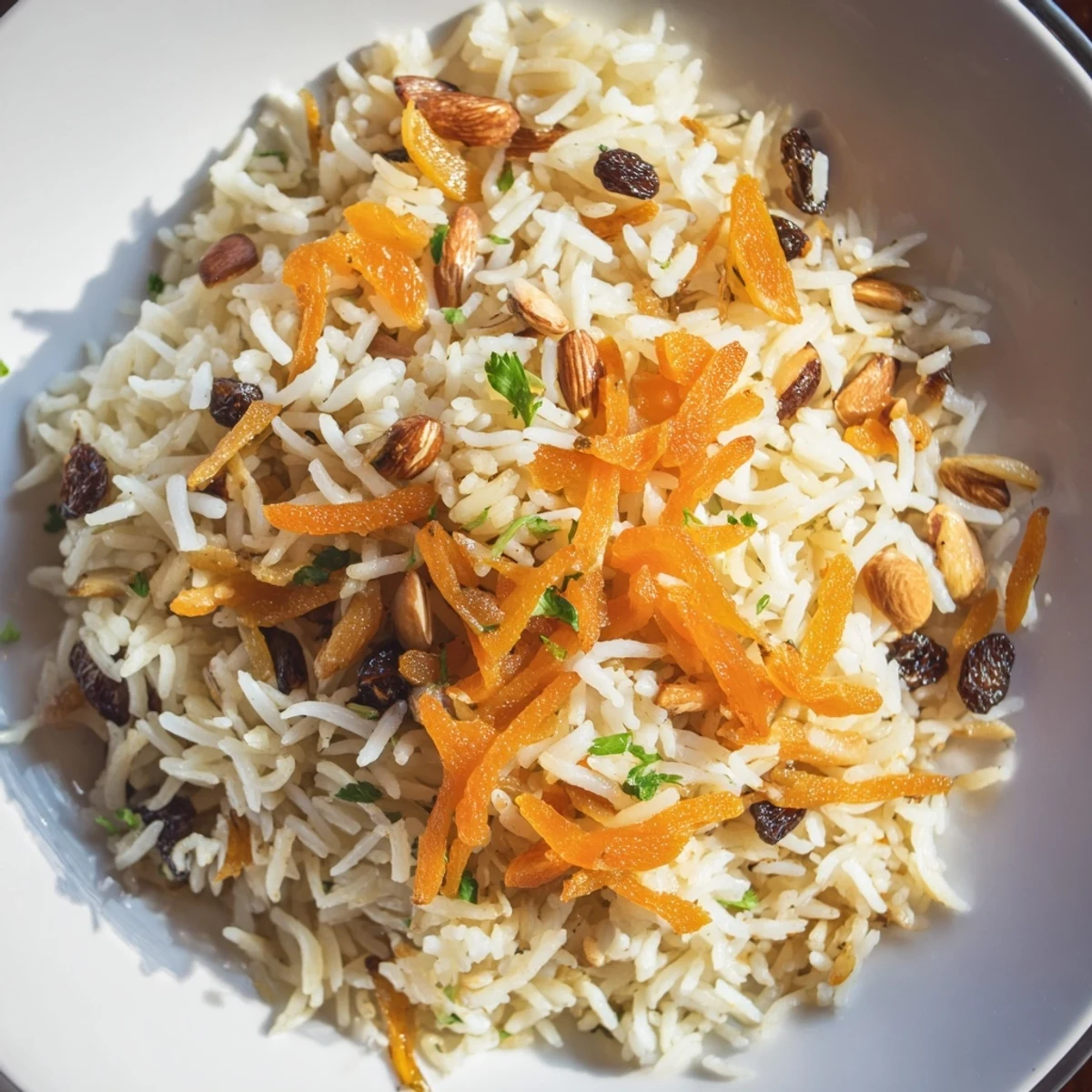 Golden Afghan rice topped with caramelized carrots, plump raisins, and fragrant warm spices