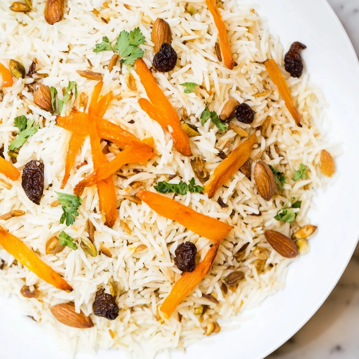 Fluffy Afghan rice pilaf studded with sweet carrots and tender raisins in traditional spices