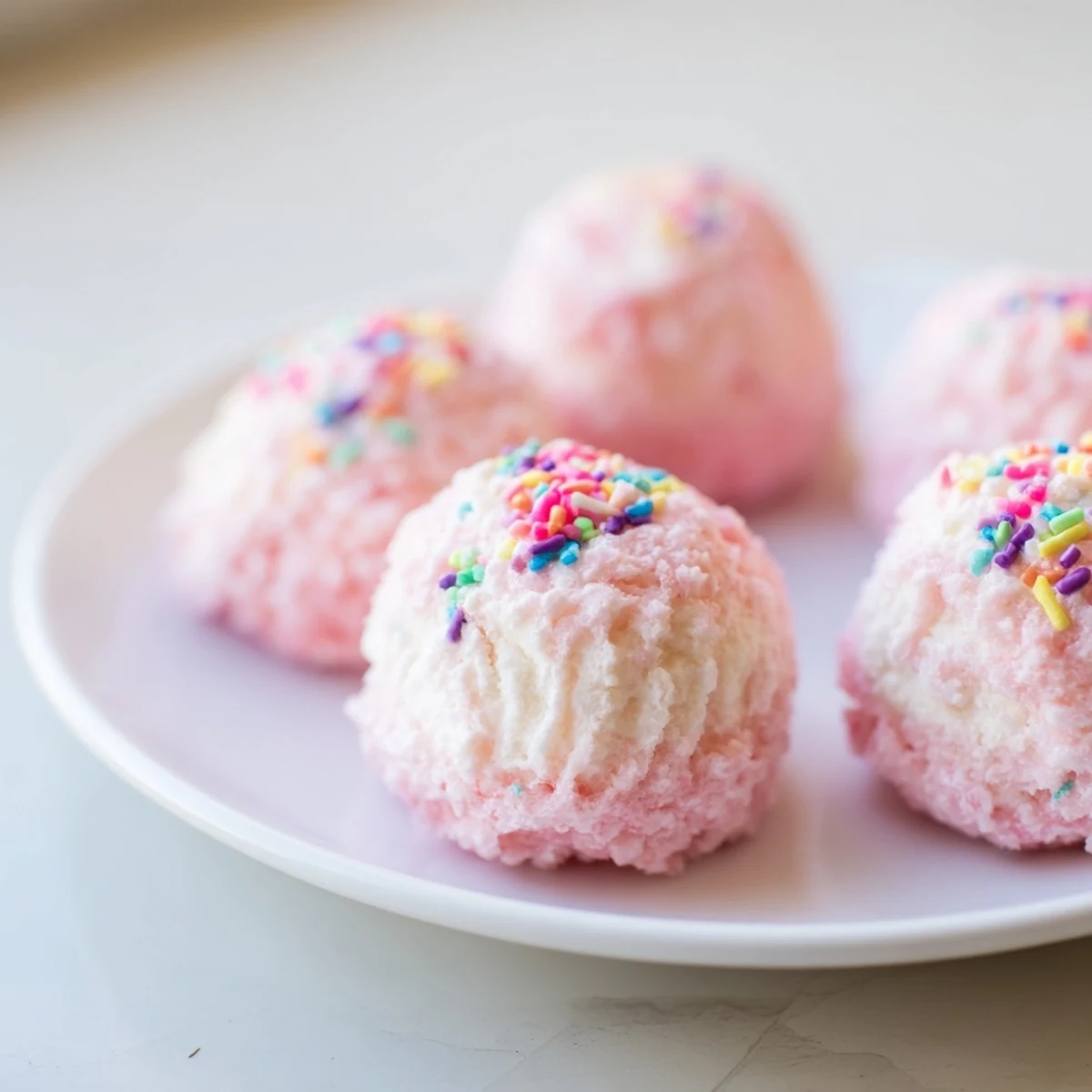 Pink cotton candy cheesecake puff balls topped with rainbow sprinkles on a white serving plate