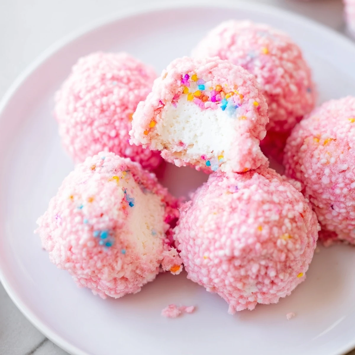 Creamy cheesecake balls wrapped in fluffy pastel cotton candy coating for a dreamy dessert