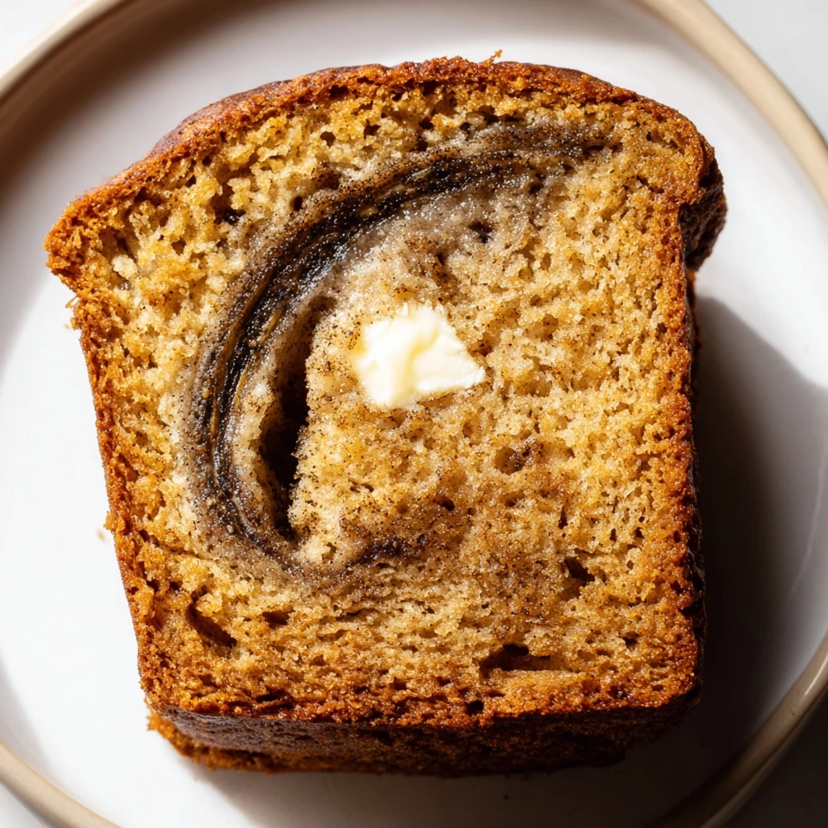 Moist cinnamon sugar swirl banana bread loaf showing golden brown crust and tender crumb with sweet spiced ribbons