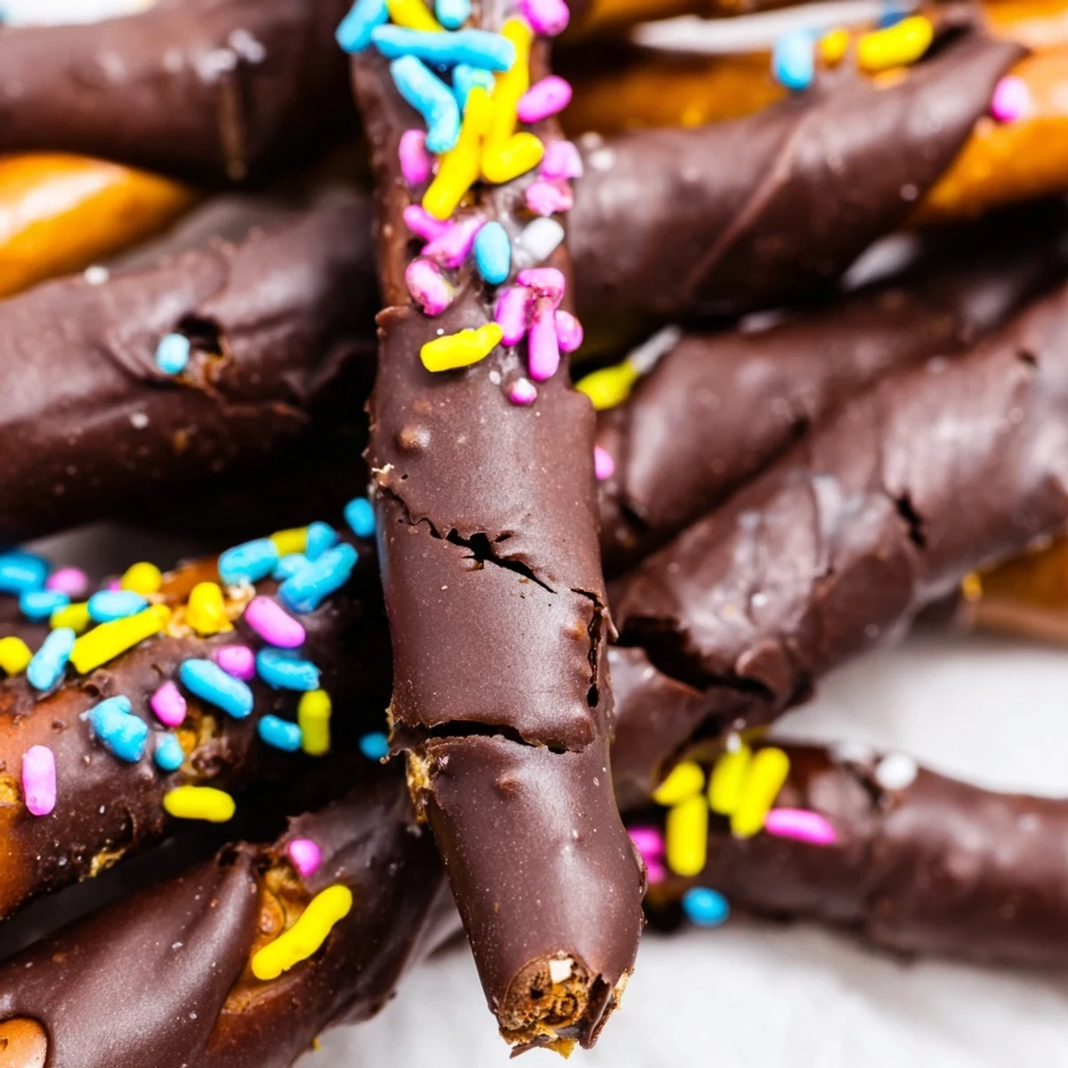 Chocolate covered pretzels for Easter topped with colorful pastel sprinkles on a rustic wooden board