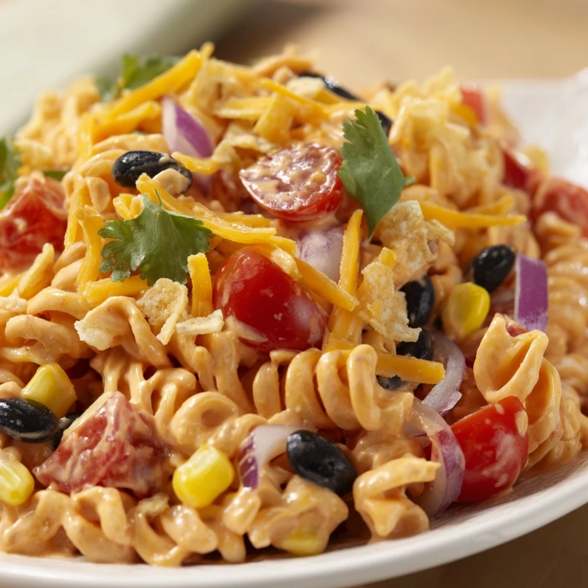 Colorful taco pasta salad in a large serving bowl with fresh vegetables and creamy dressing