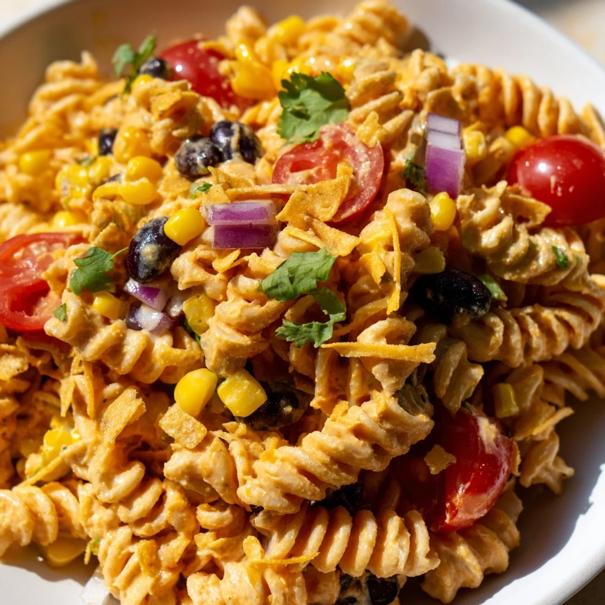 Creamy taco pasta salad topped with shredded cheese tomatoes and crunchy tortilla strips