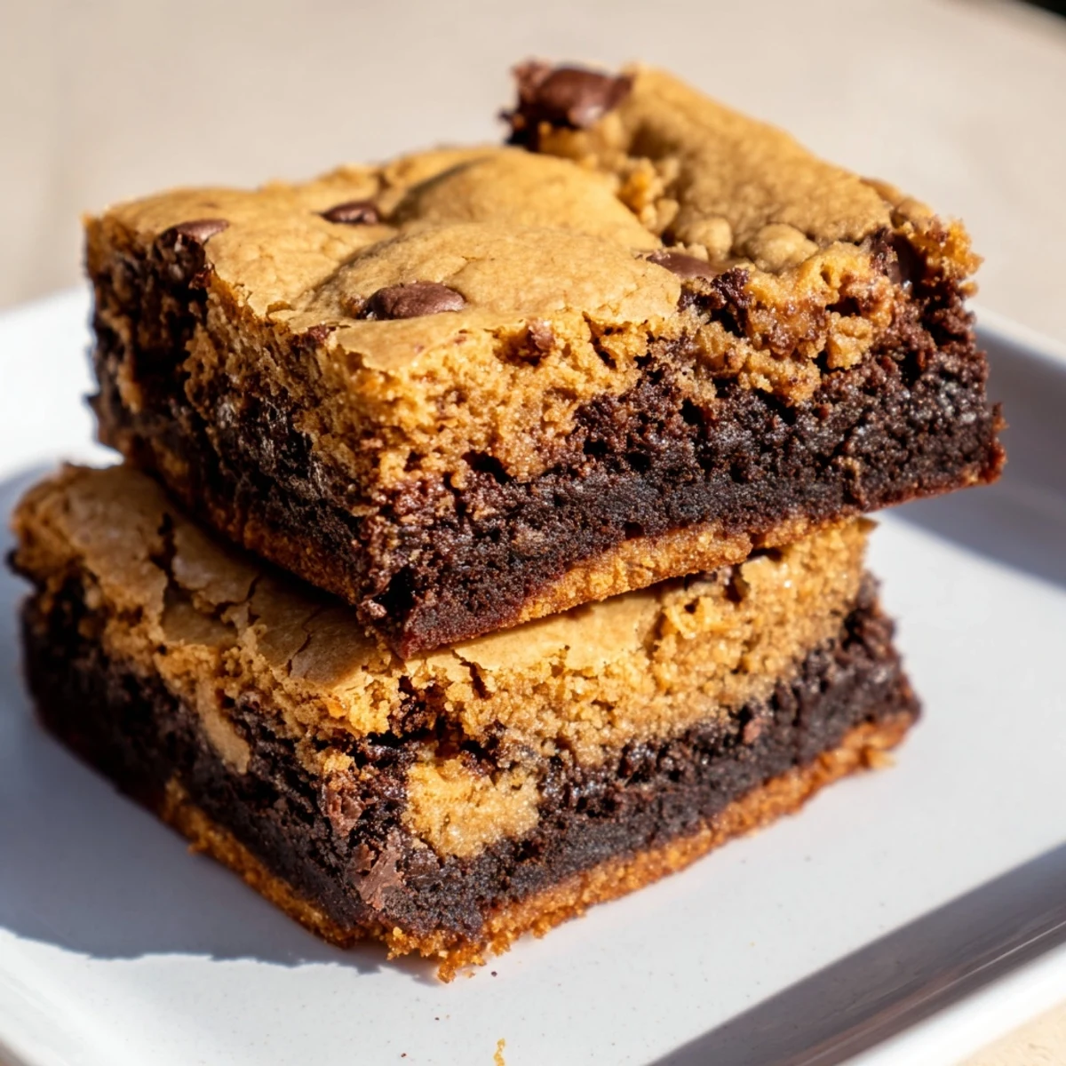 Golden vegan brookies stacked squares with fudgy brownie bottom and chewy cookie topping