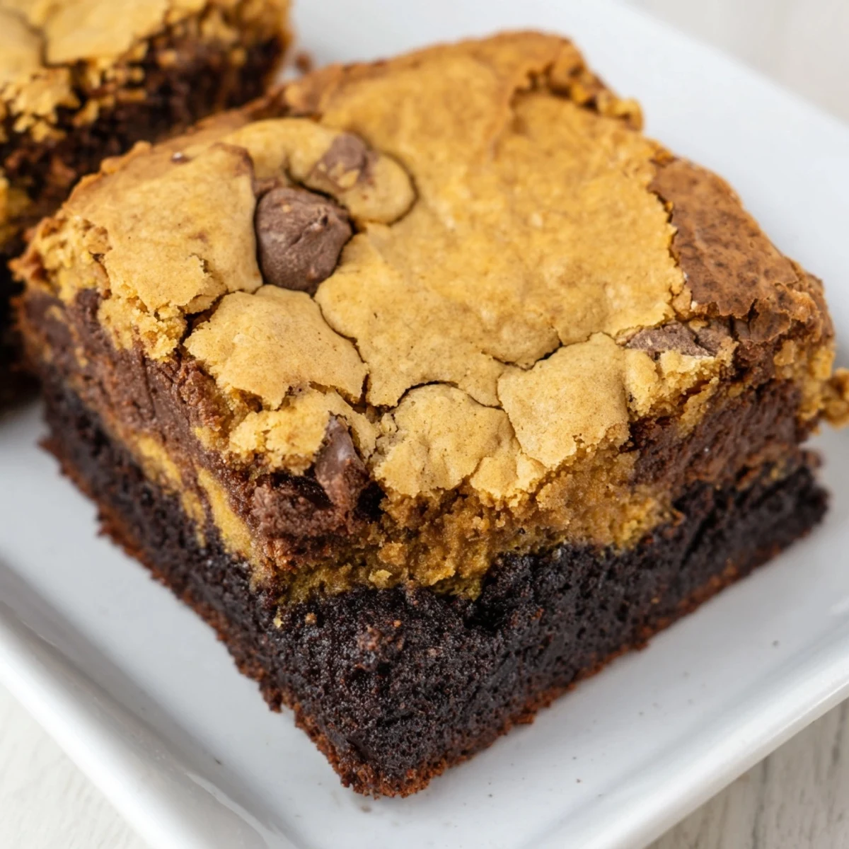 Decadent double layer vegan brookies with rich chocolate chips on rustic wooden cutting board
