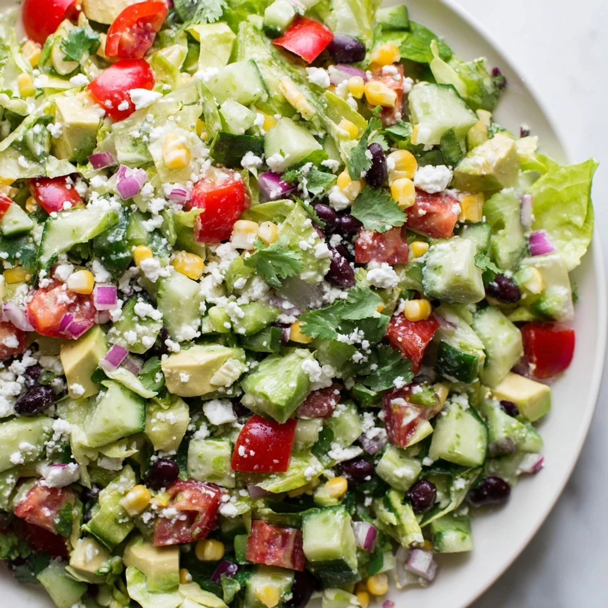 Colorful Mexican chopped salad in a bowl with fresh tomatoes, corn, and creamy avocado pieces
