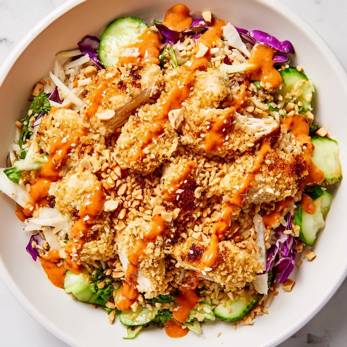 Golden crispy rice and sliced chicken top a colorful Bang Bang Chicken Crispy Rice Salad