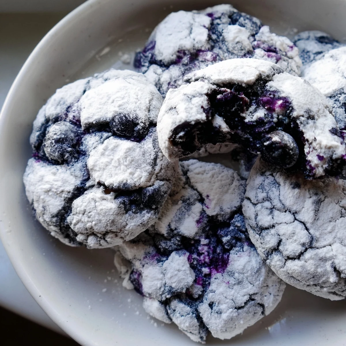 Soft blueberry crinkle cookies with powdered sugar coating on rustic wooden surface