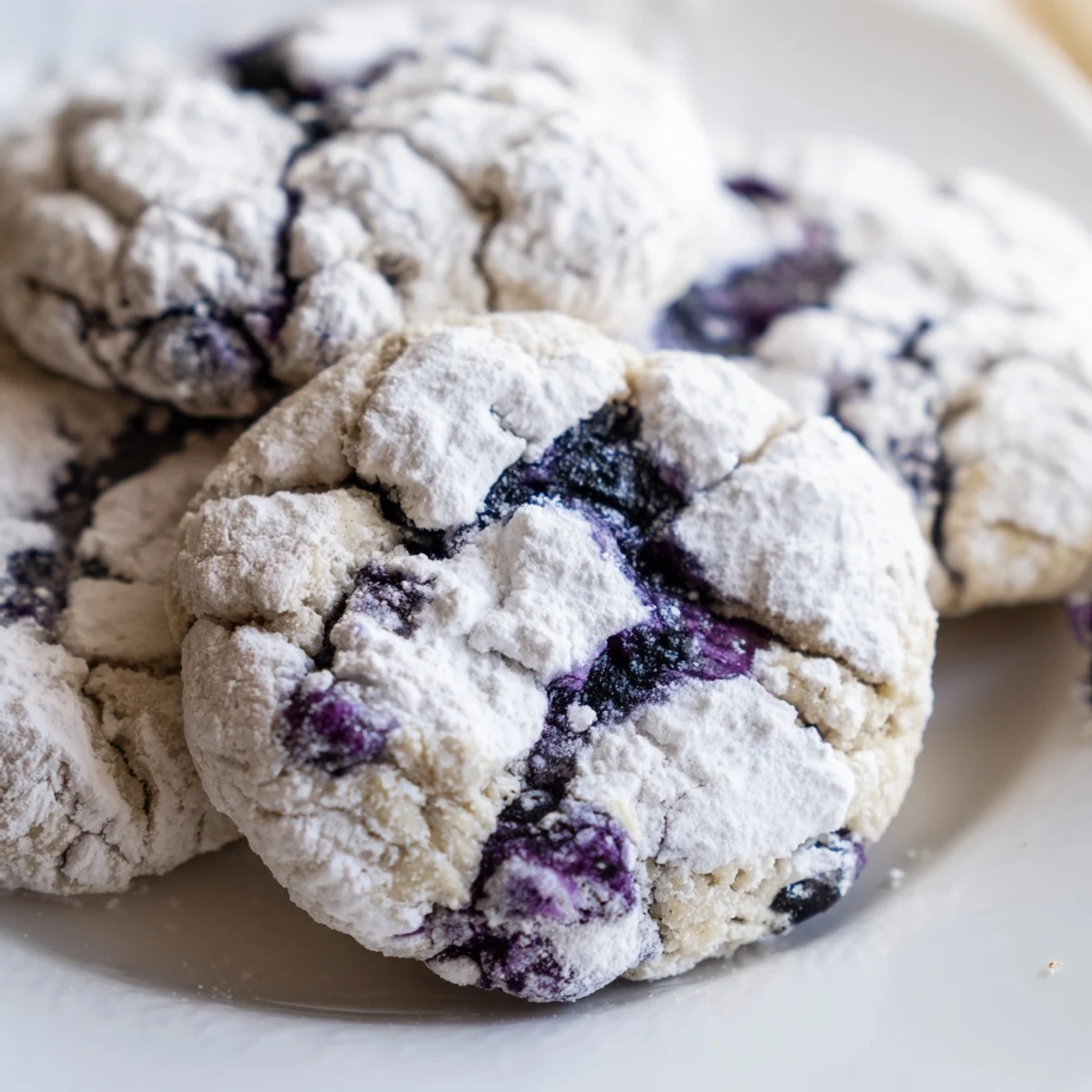 Fresh blueberry crinkle cookies showing gorgeous cracked tops dusted with white sugar