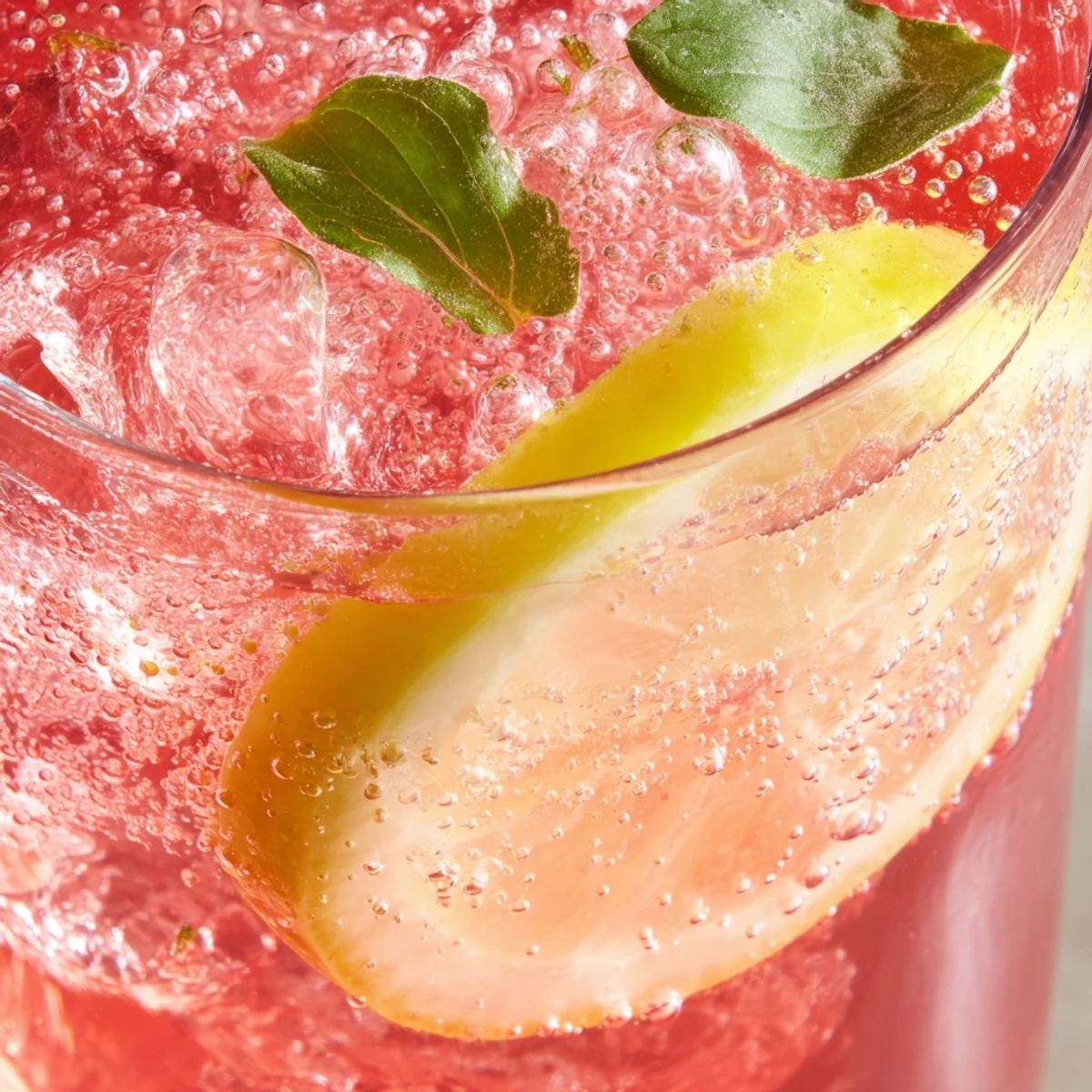 Refreshing honey lemon pink soda served over ice with fresh mint and lemon slices garnish