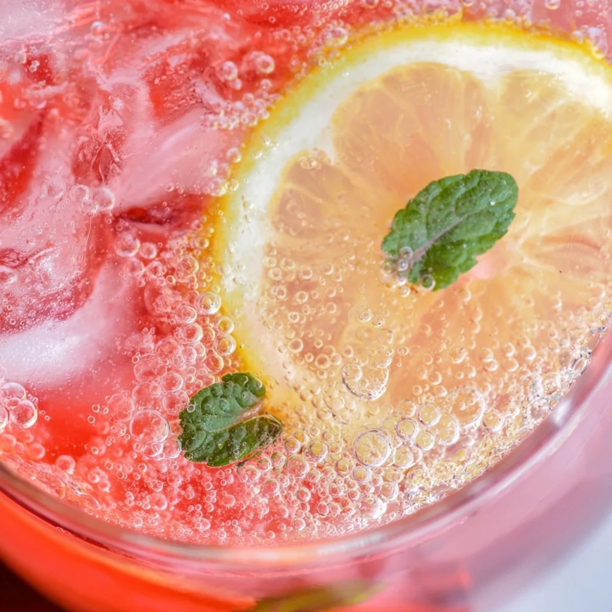 Sparkling honey lemon pink soda in a tall glass with cranberry color and bubbles