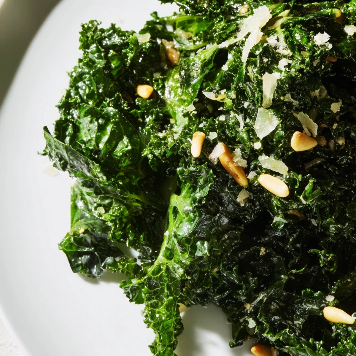 Bright garlic lemon Parmesan kale salad tossed with zesty dressing and toasted pine nuts