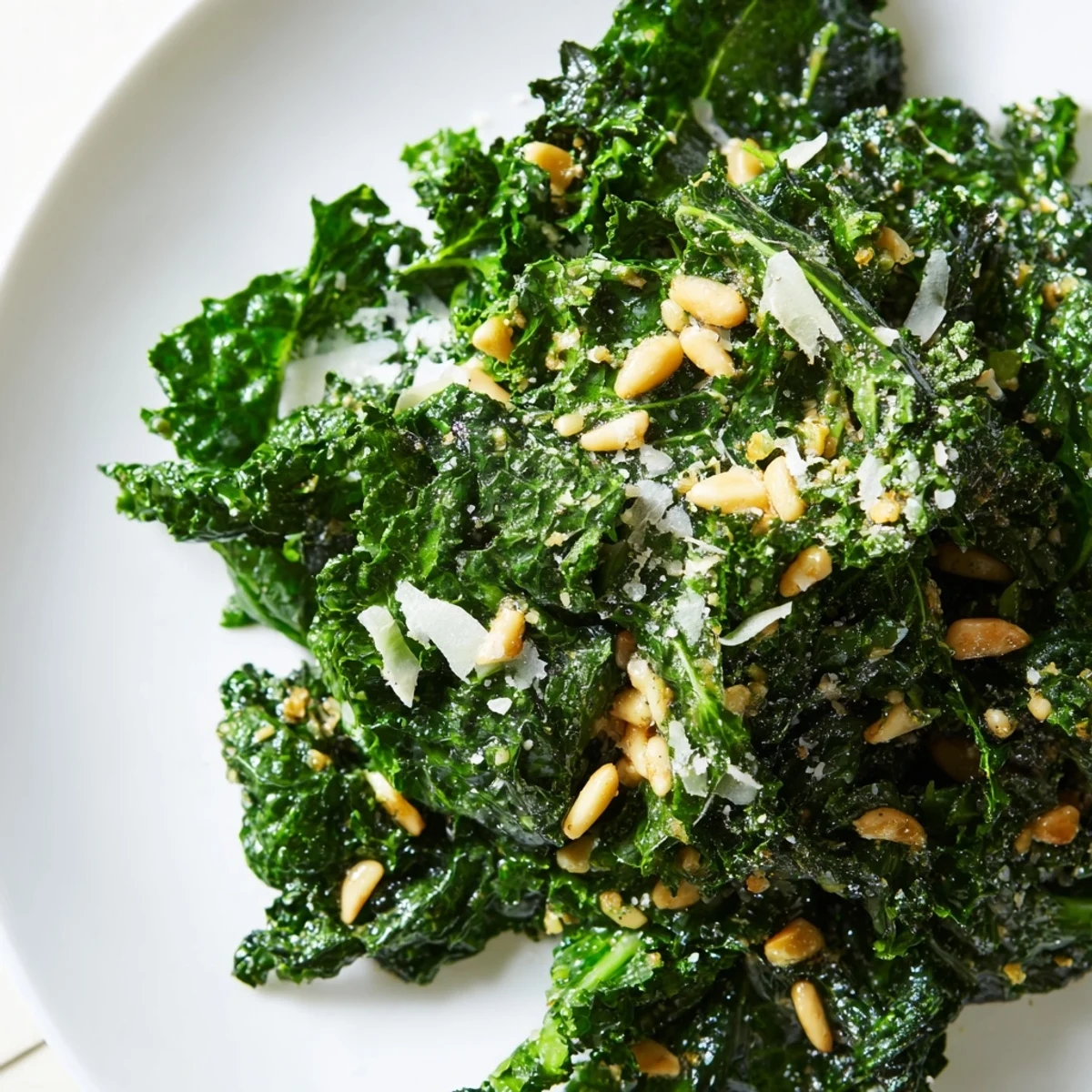 Freshly massaged kale leaves coated in tangy garlic lemon Parmesan salad dressing