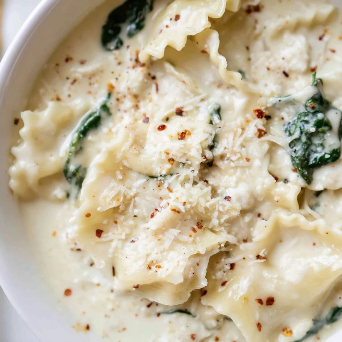 Creamy white lasagna soup in a white bowl with melted cheese and tender noodles