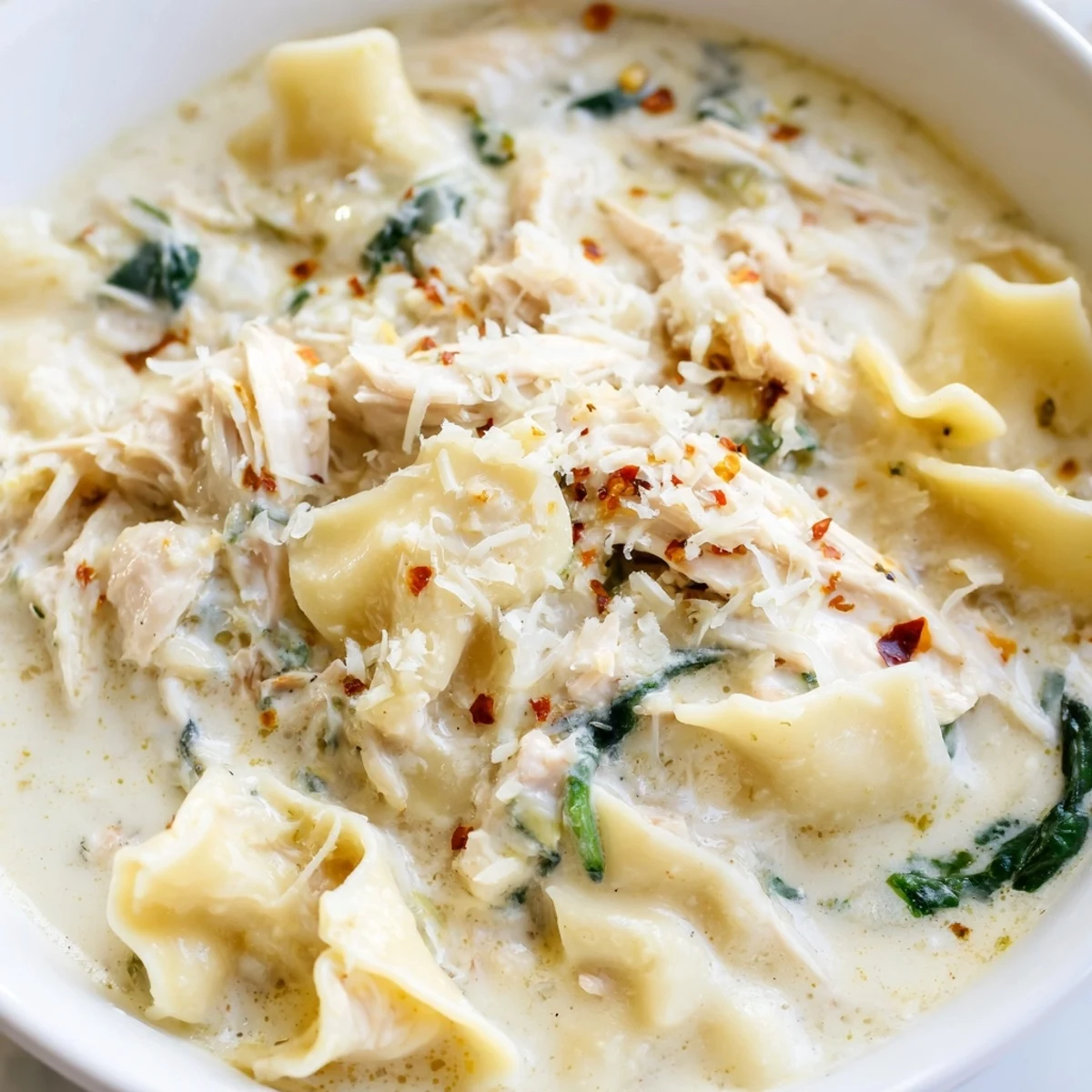 Steaming bowl of white lasagna soup topped with shredded chicken and parmesan