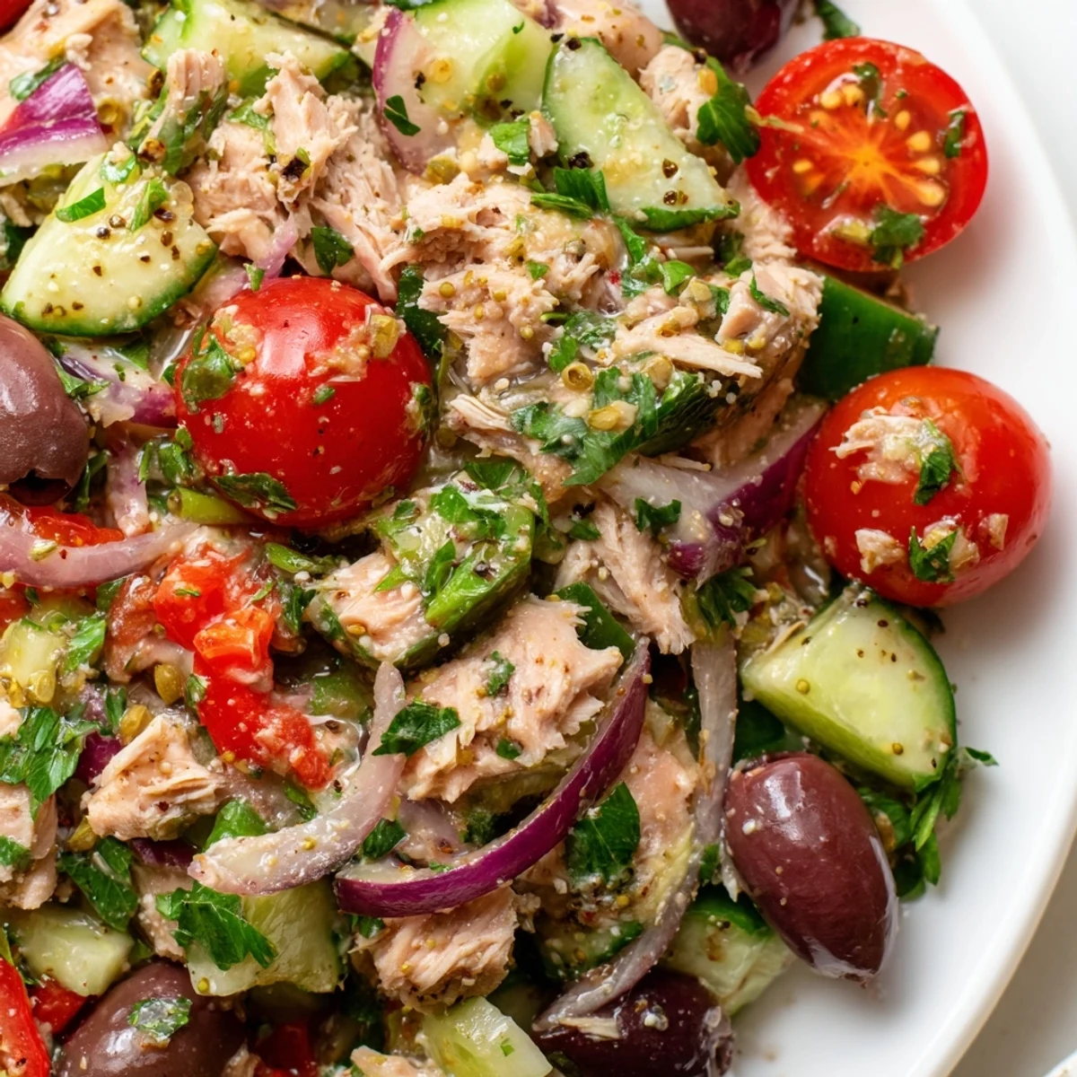 Mediterranean tuna salad in a white bowl with cherry tomatoes, olives, and fresh herbs