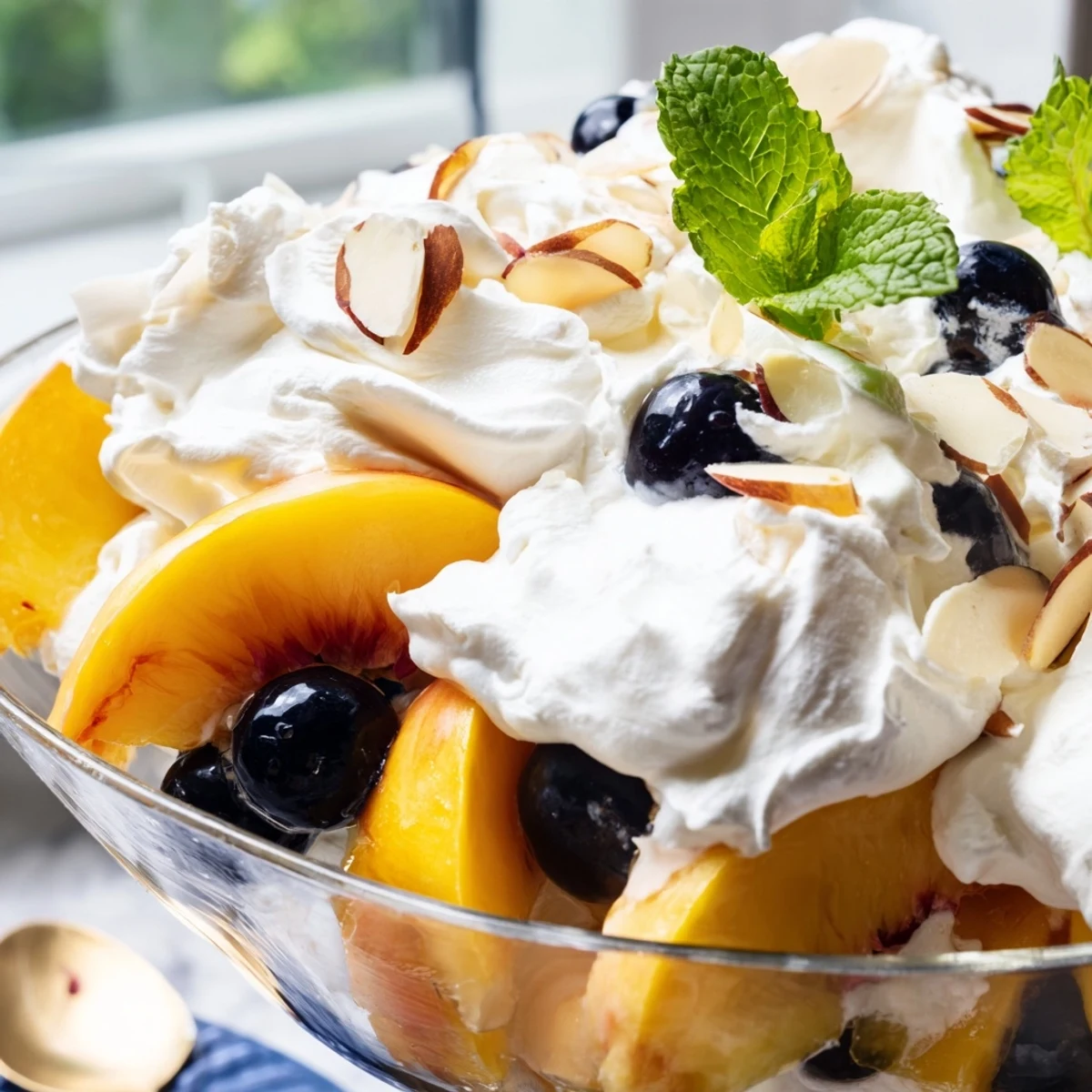 Creamy peaches and cream salad topped with fresh mint and sliced almonds