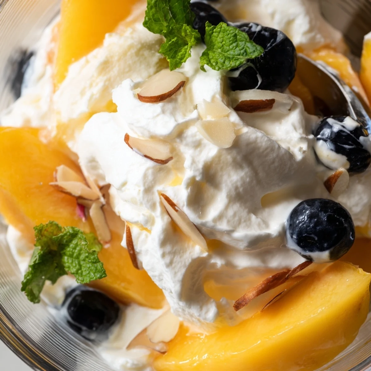 Chilled peaches and cream salad layered with juicy ripe fruit in glass