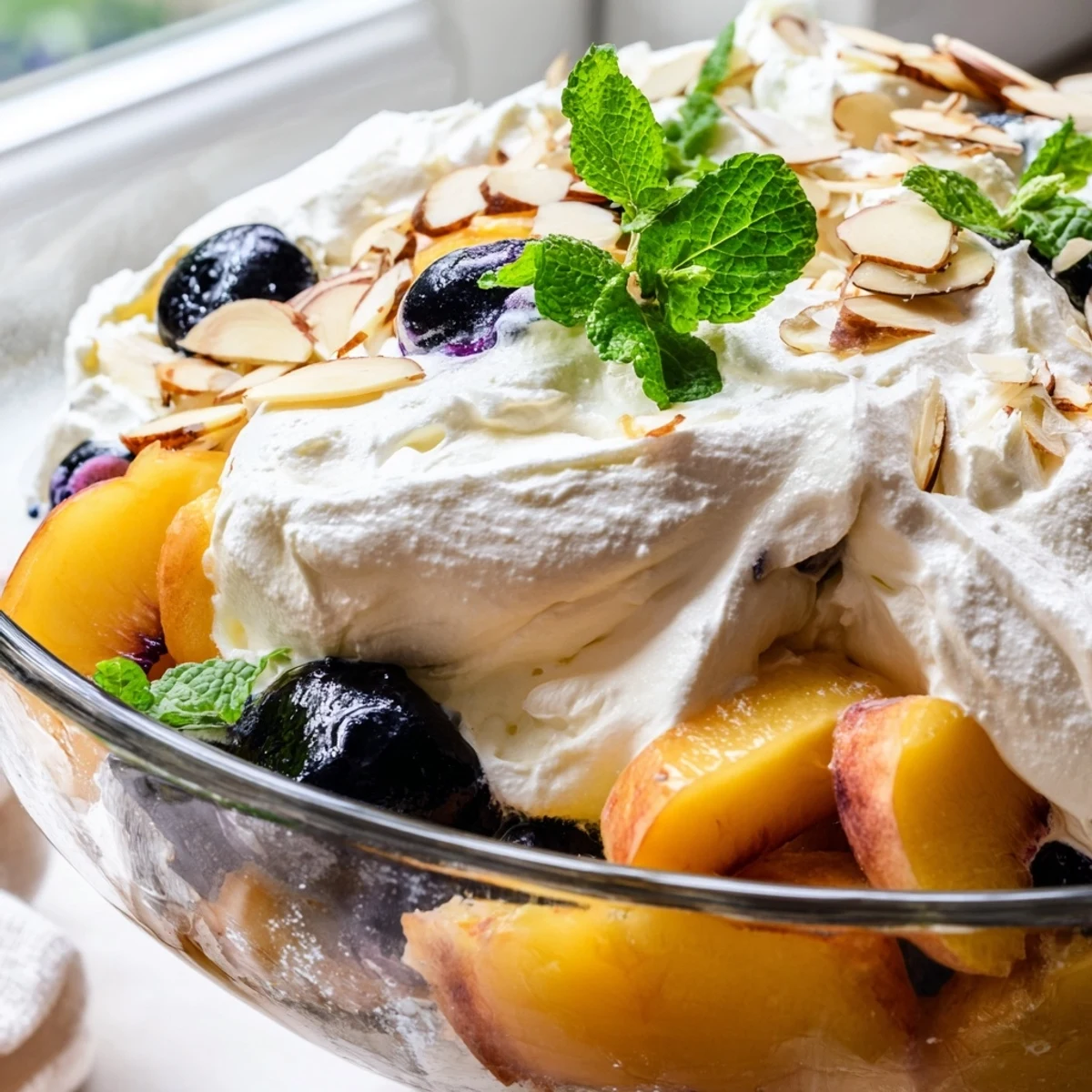 Velvety whipped cream cascading over fresh peaches and cream salad with blueberries