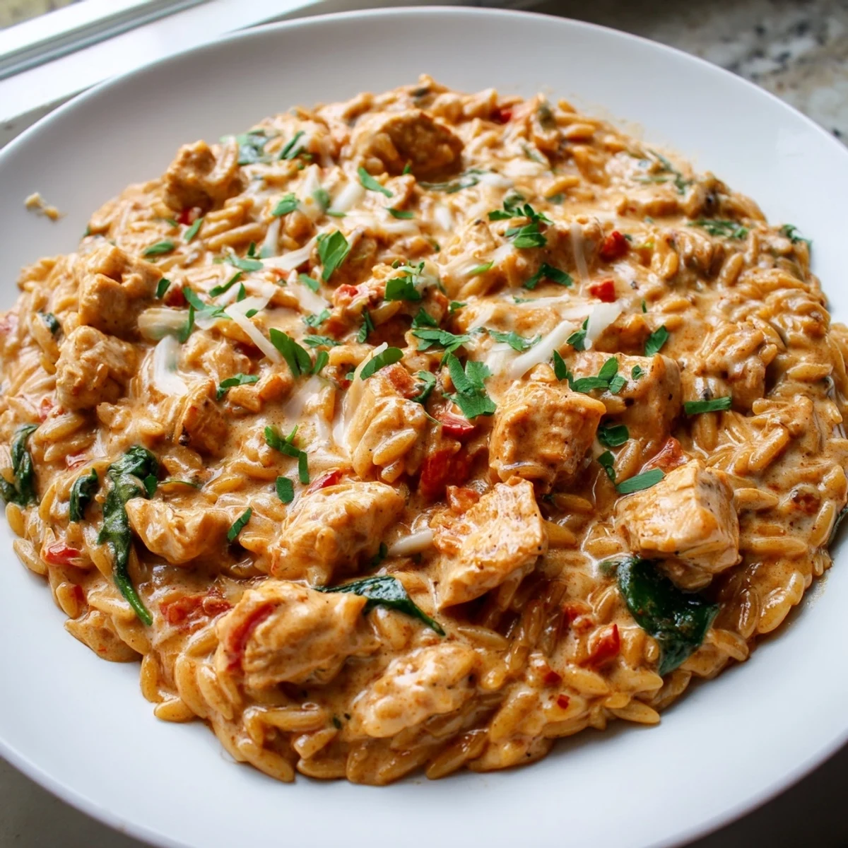 One Pot Cajun Chicken Alfredo Orzo in a cast iron skillet with fresh parsley garnish