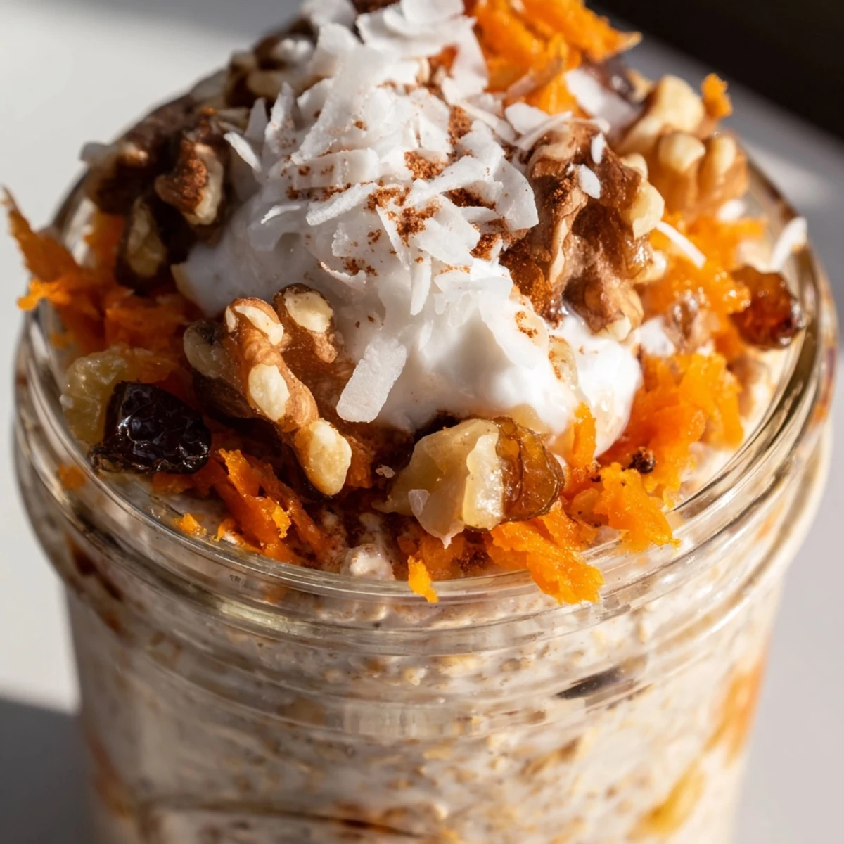 Creamy carrot cake overnight oats topped with crunchy walnuts in a glass jar