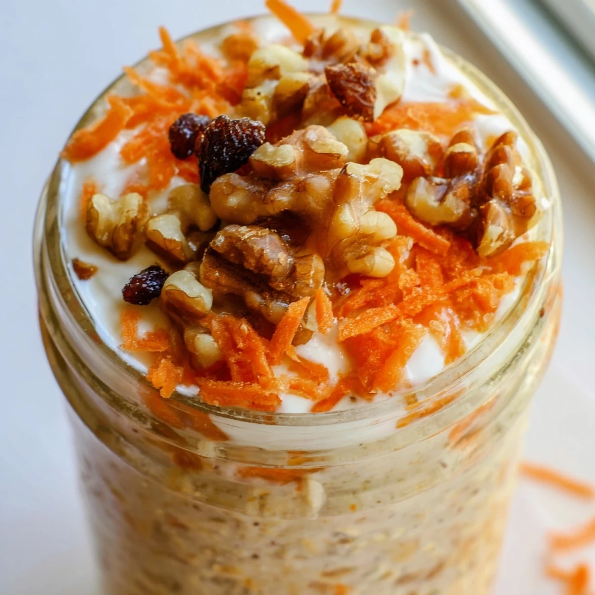 Carrot cake overnight oats served in mason jar with raisins and cinnamon