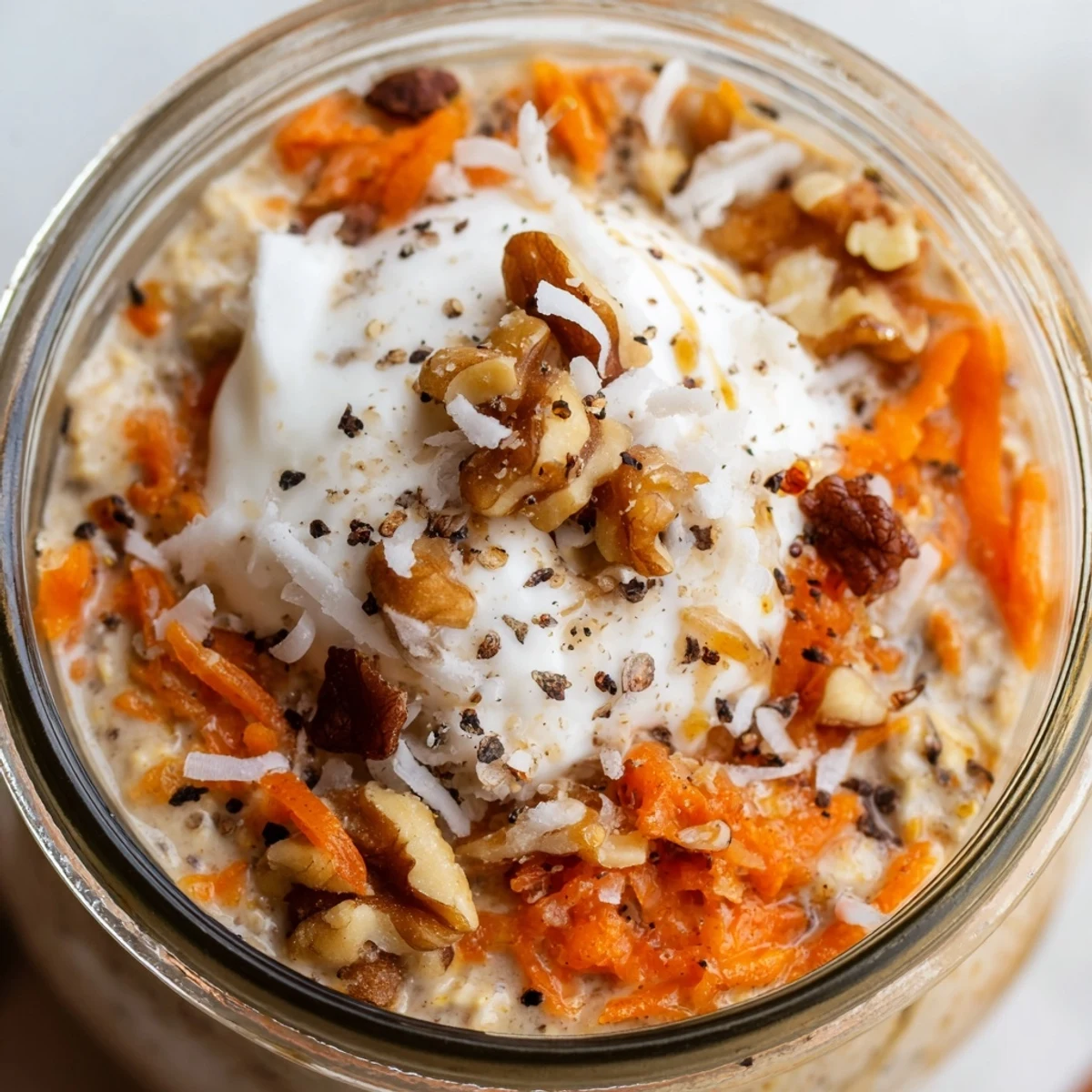 Spiced carrot cake overnight oats with grated carrots and yogurt in bowl