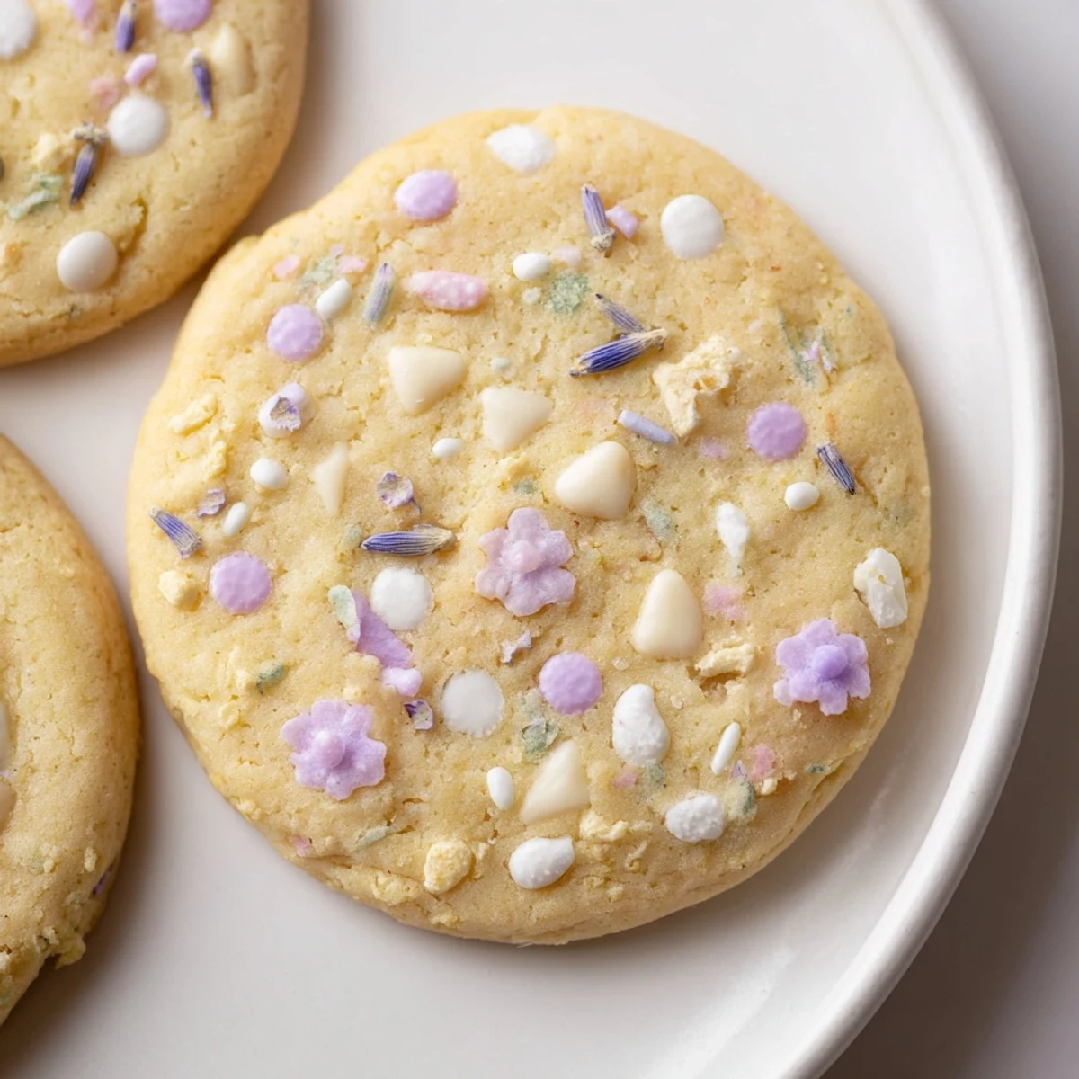 Chewy Spring Blossom Cookies topped with pastel sprinkles on a rustic white ceramic plate