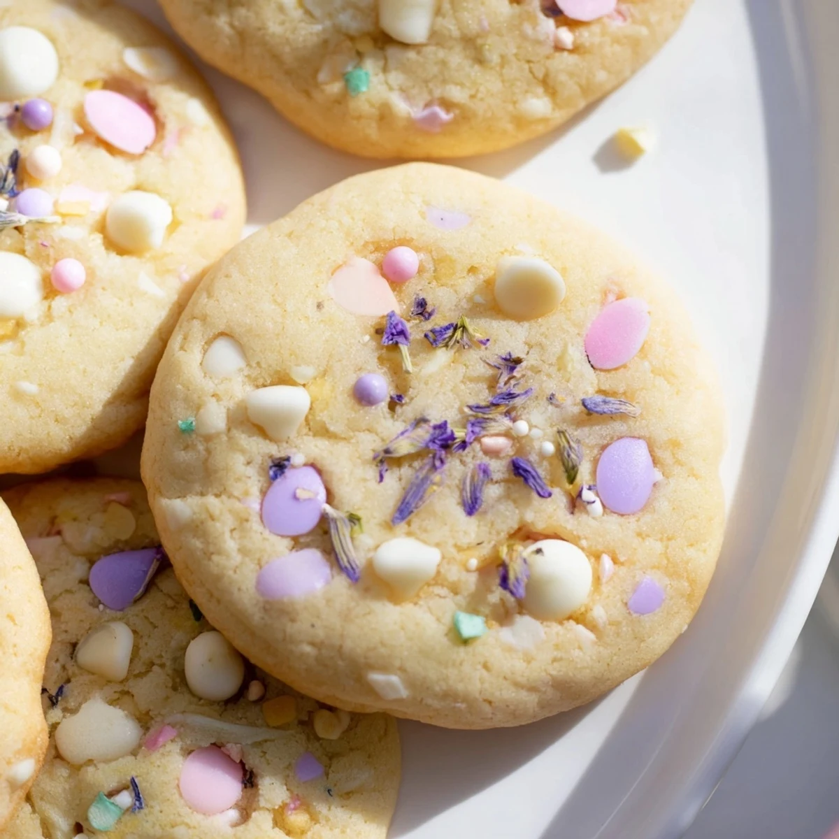Golden Spring Blossom Cookies fresh from the oven with colorful candy-coated chocolate pieces