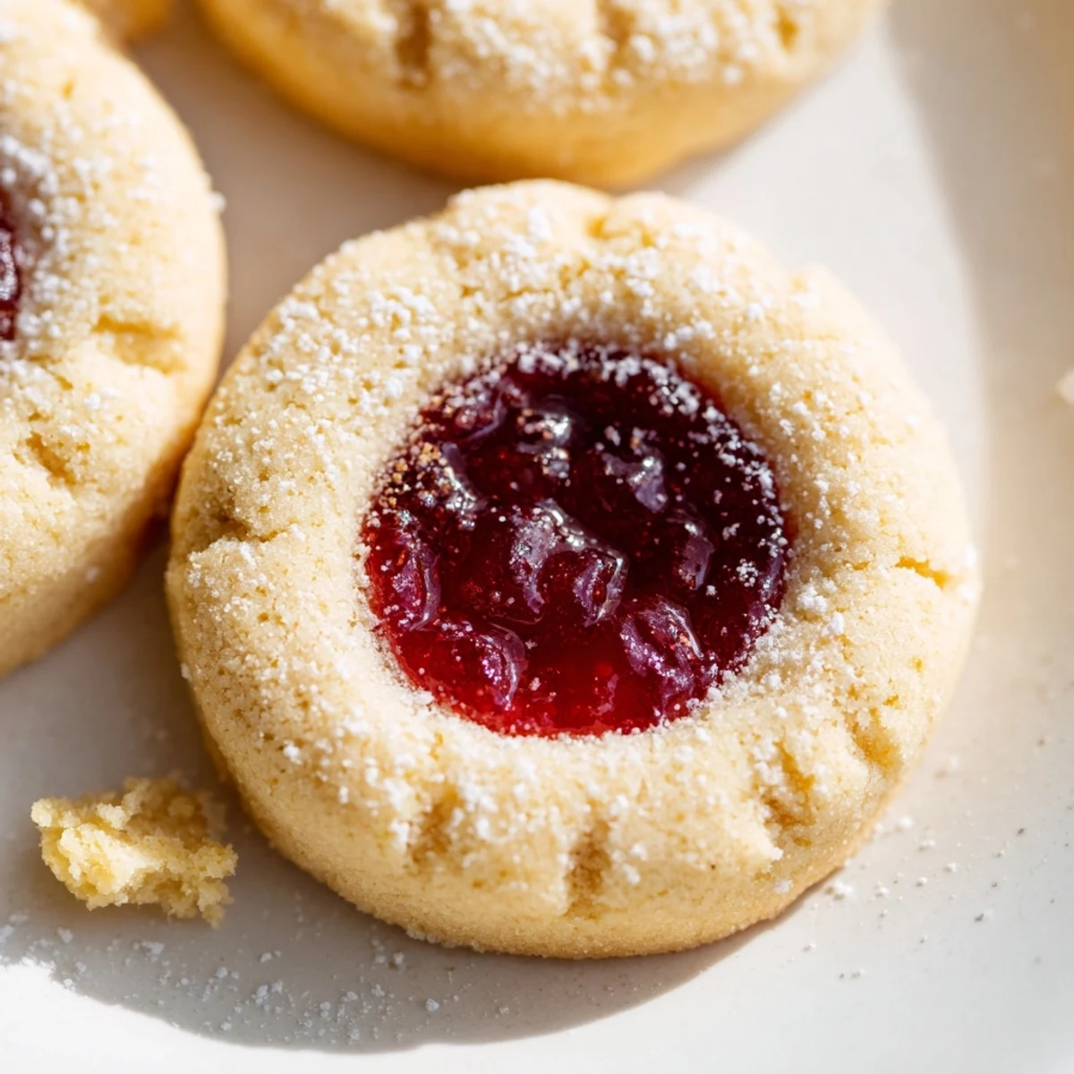 Golden flower jam thumbprint cookies with glossy jewel-toned centers on a rustic white plate
