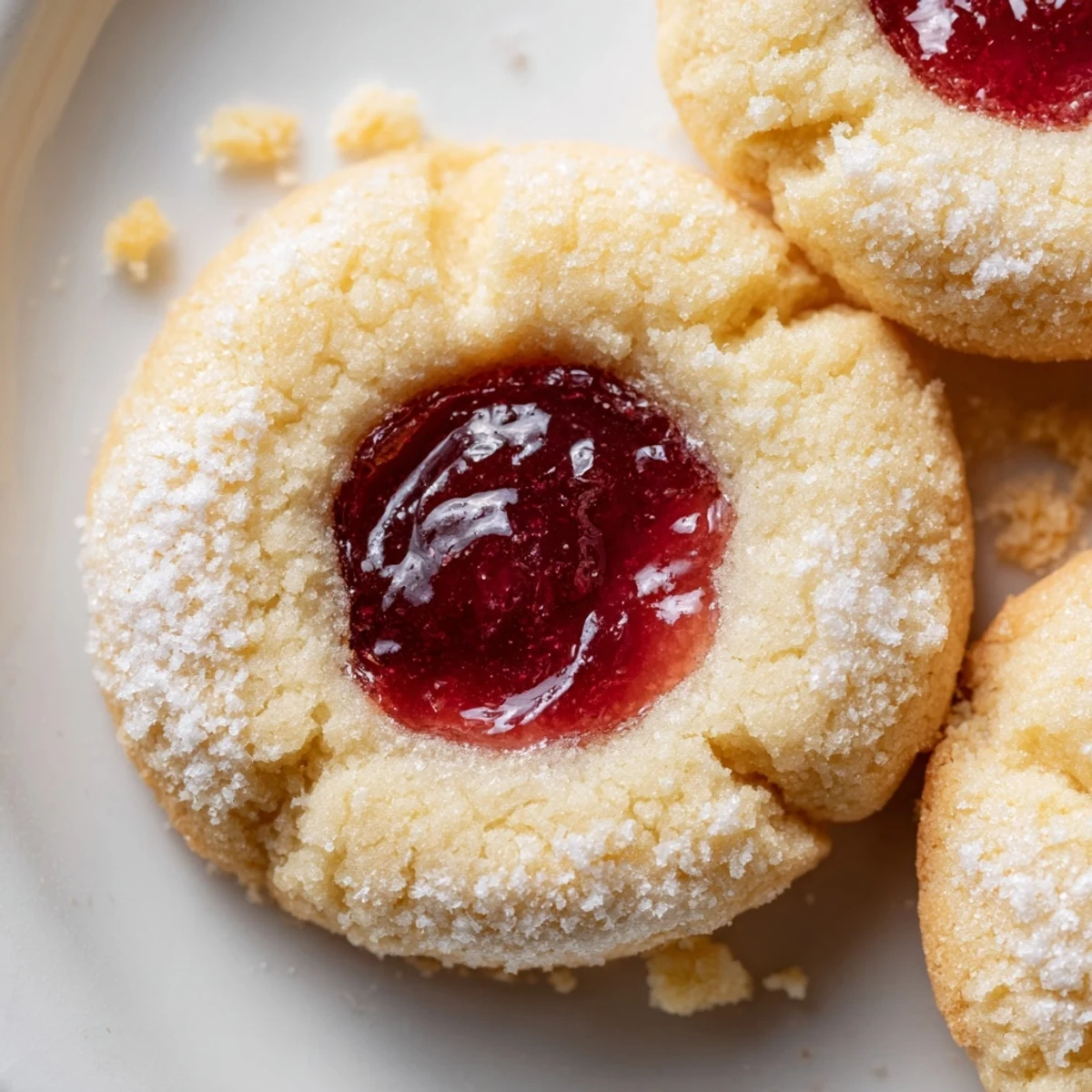 Buttery flower jam thumbprint cookies fresh from the oven with fragrant floral filling