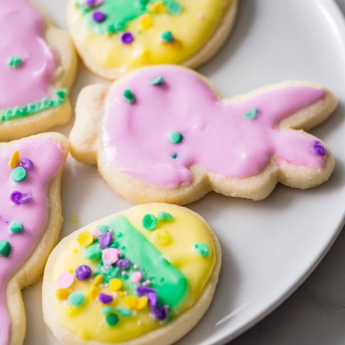 Spring Easter Cookies decorated with soft pastel icing and colorful sprinkles on a rustic serving board