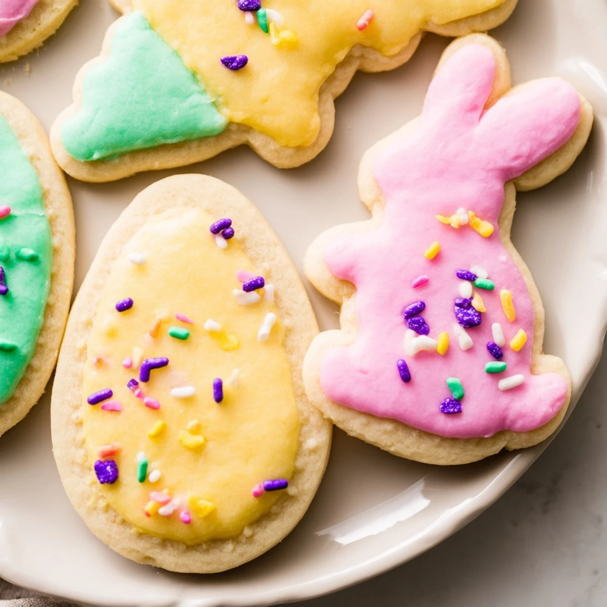 Buttery Spring Easter Cookies shaped like bunnies and eggs with smooth royal icing details
