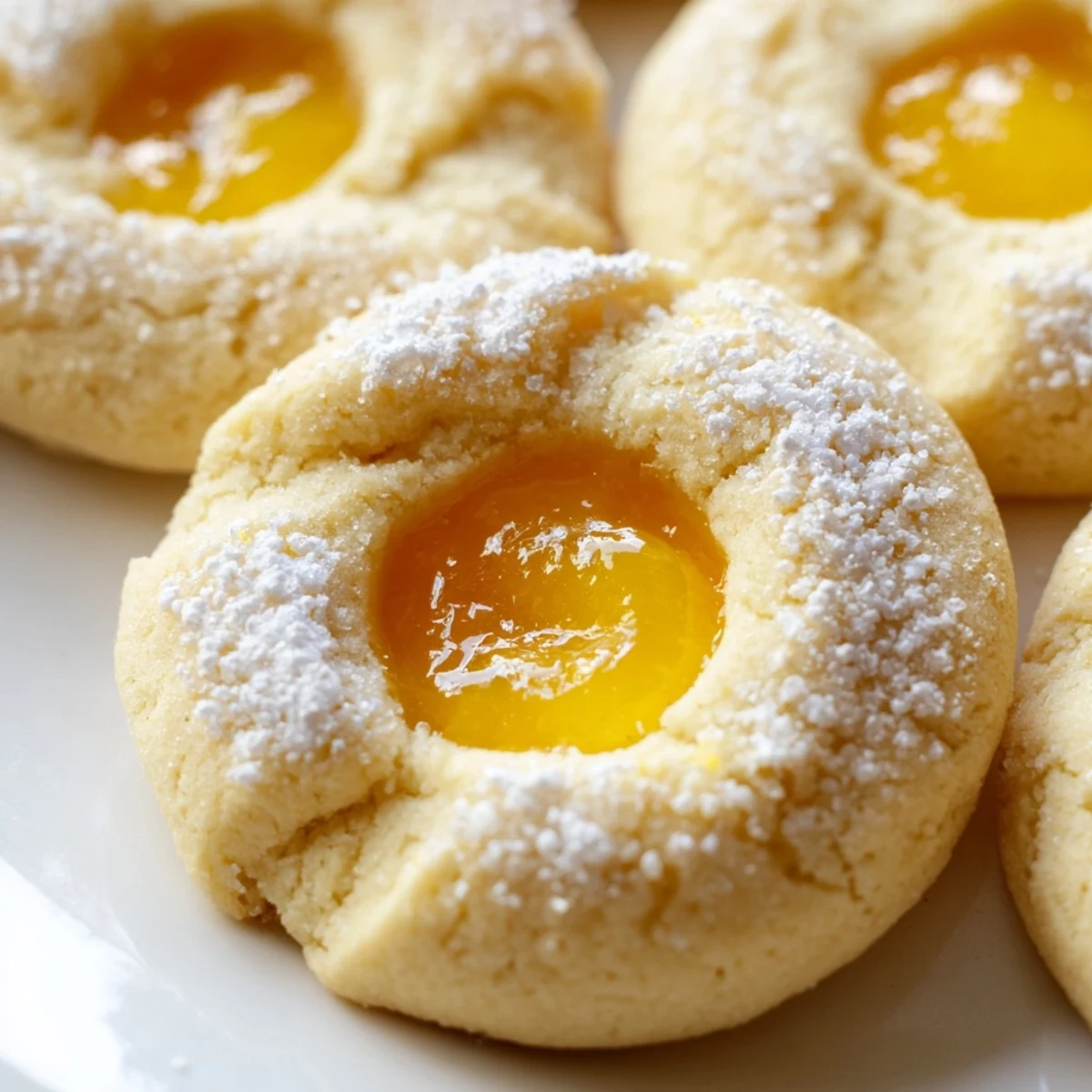 Golden lemon curd cookies with bright yellow filling on a white parchment-lined baking sheet