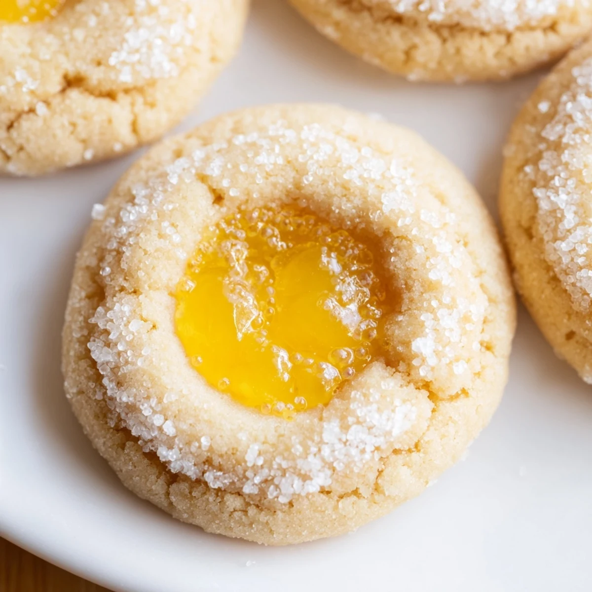 Buttery lemon curd cookies dusted with powdered sugar arranged on a rustic serving plate