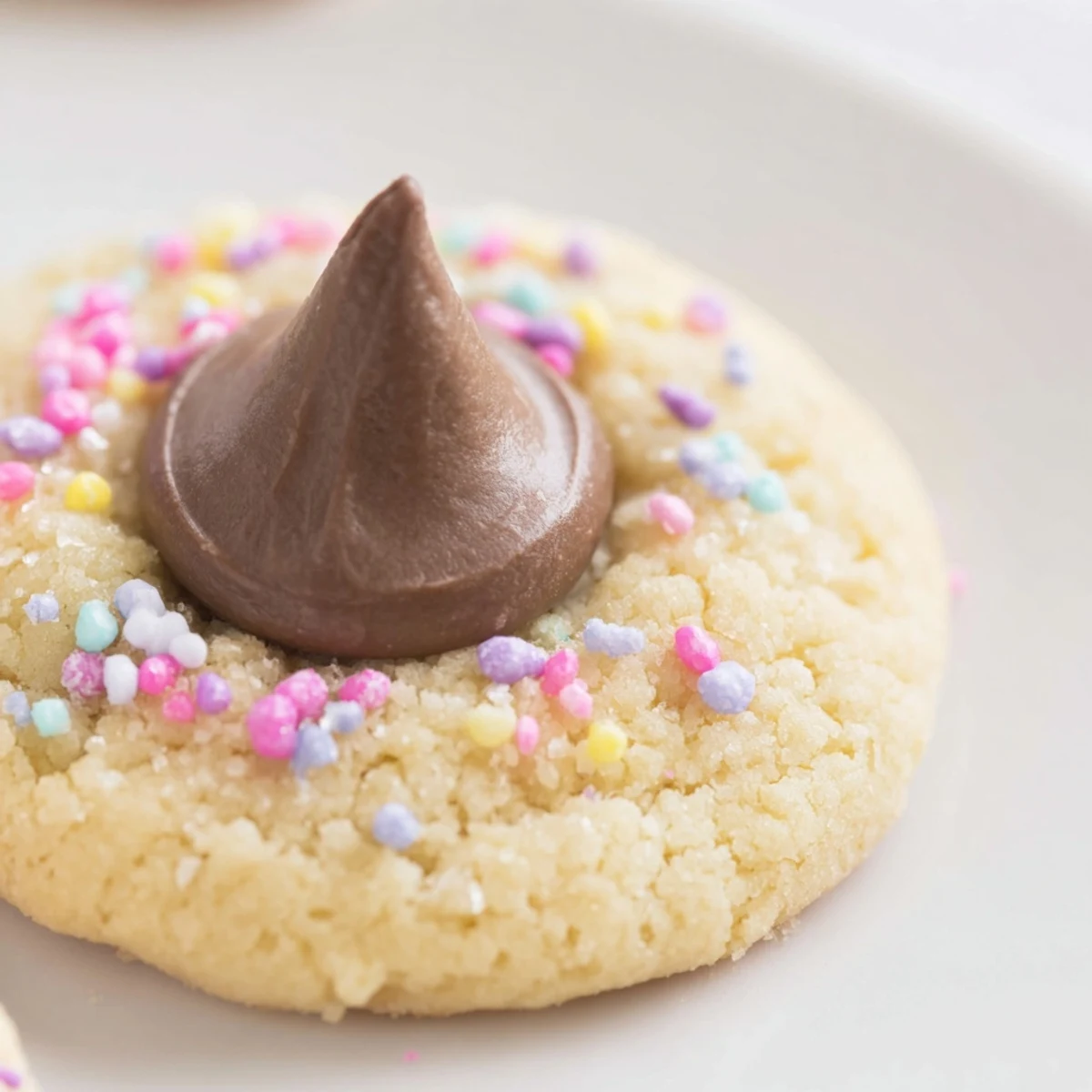 Soft Easter Blossom Cookies topped with colorful chocolate kisses and festive pastel sprinkles