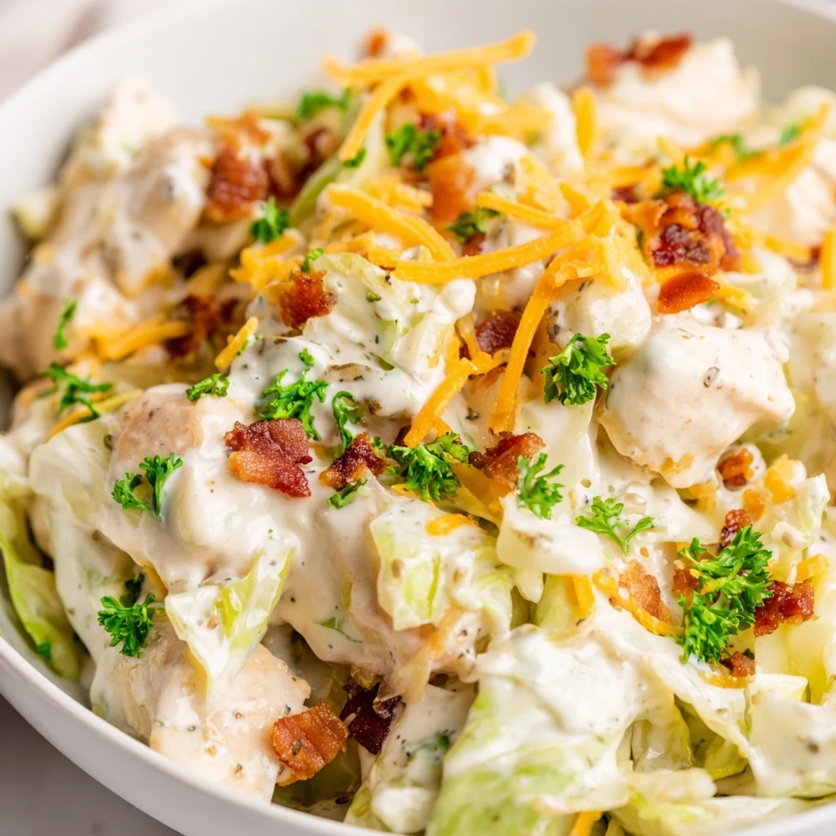 Creamy chicken bacon ranch cabbage bowls topped with melted cheddar and fresh green onions